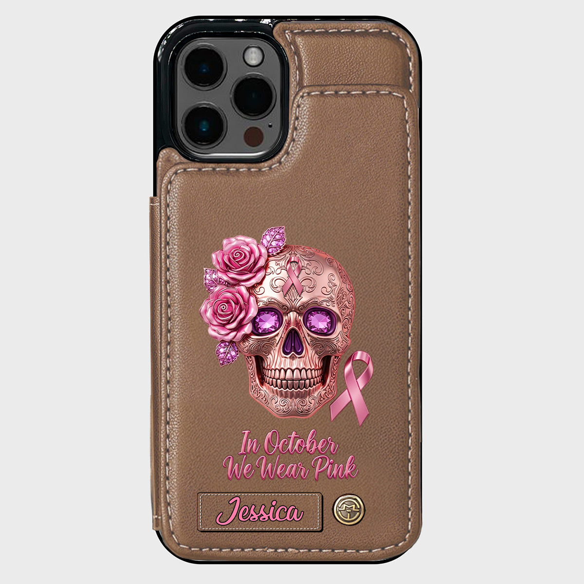Skull And Ribbon - Personalized Breast Cancer Awareness Wallet Phone Case