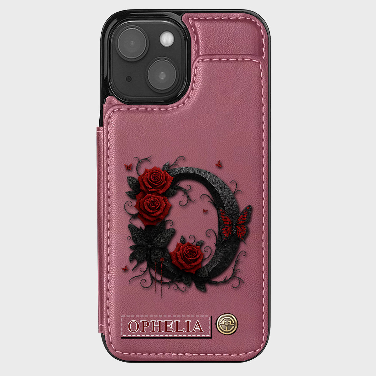 Alphabet Red Rose And Butterflies - Personalized Luxury Wallet Phone Case
