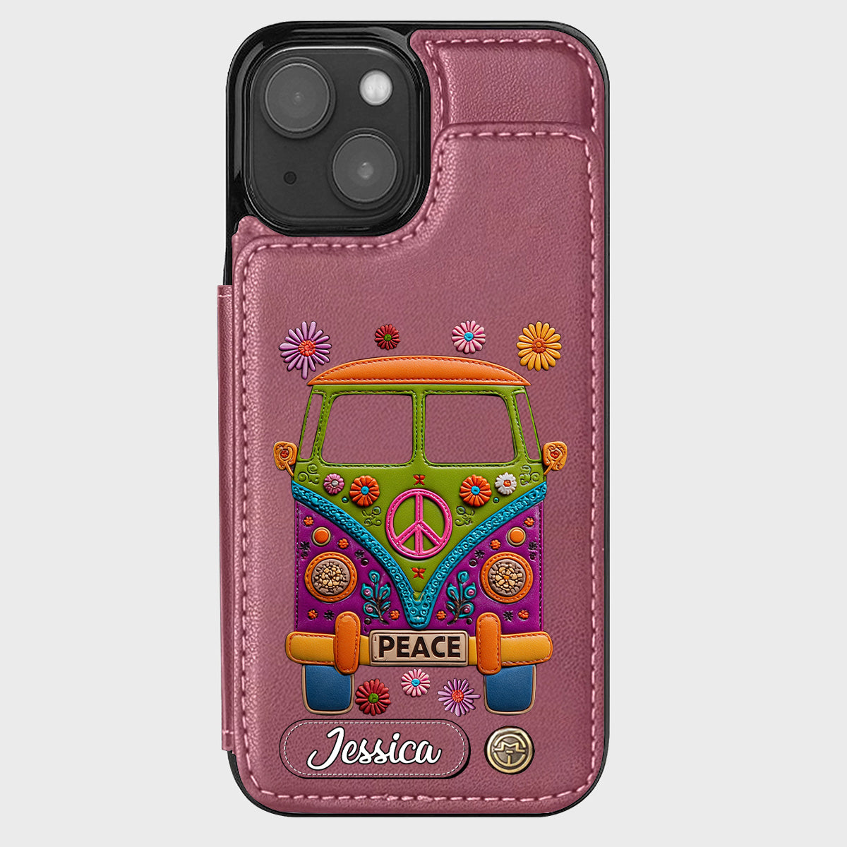 Peace Bus - Personalized Hippie Wallet Phone Case With Leather Charm