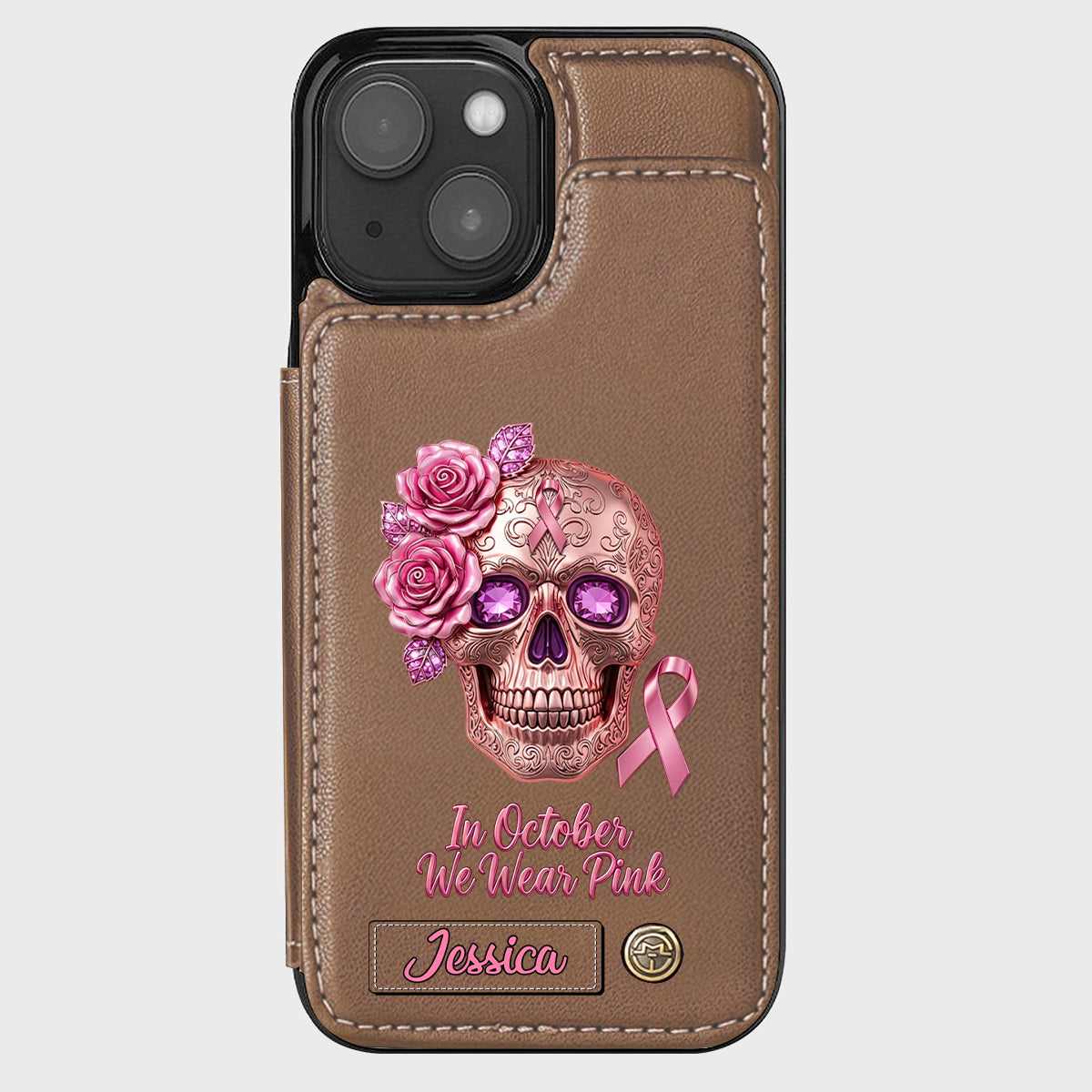Skull And Ribbon - Personalized Breast Cancer Awareness Wallet Phone Case