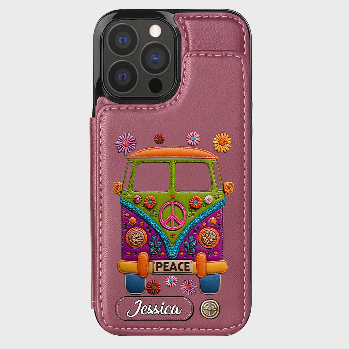 Peace Bus - Personalized Hippie Wallet Phone Case With Leather Charm