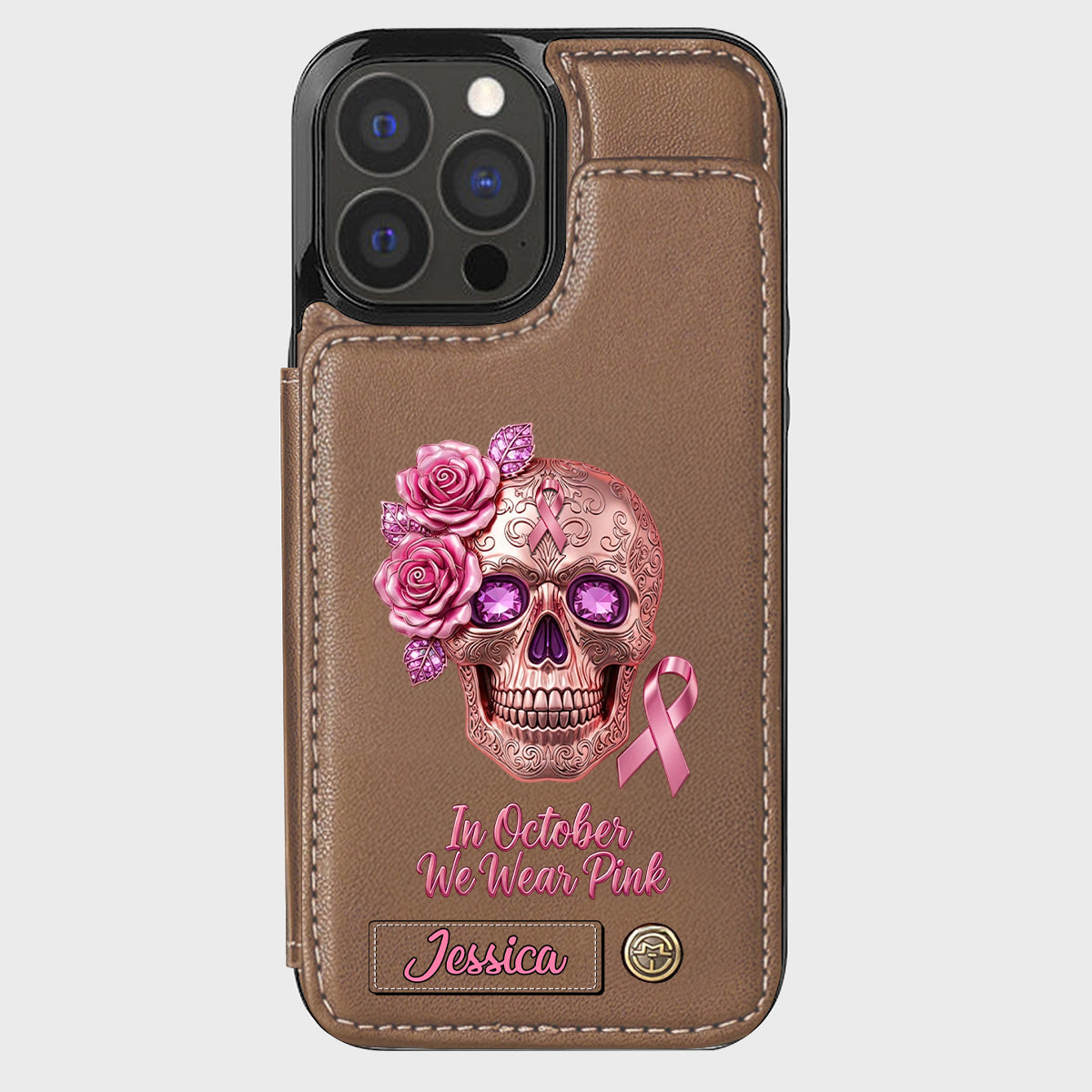 Skull And Ribbon - Personalized Breast Cancer Awareness Wallet Phone Case