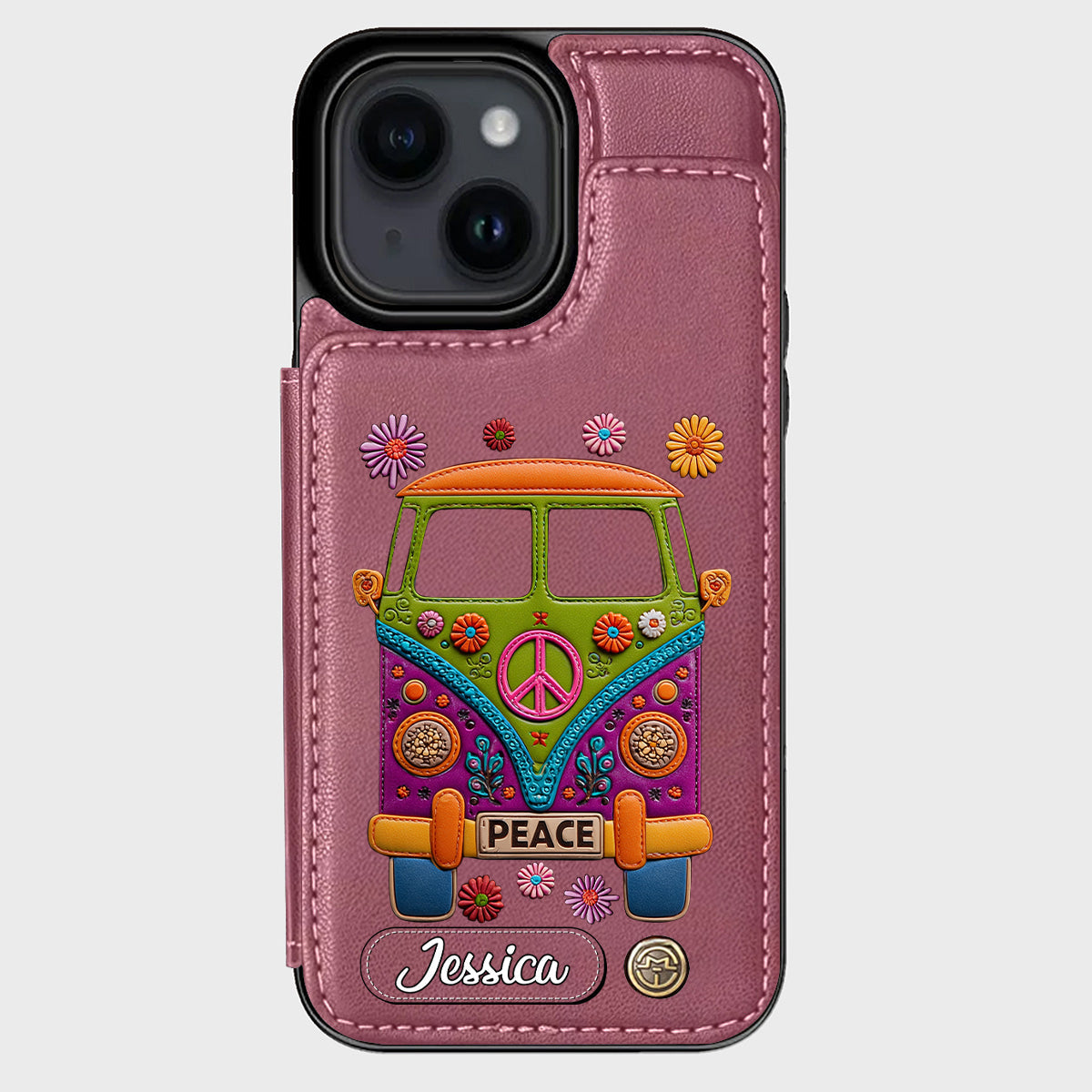 Peace Bus - Personalized Hippie Wallet Phone Case With Leather Charm