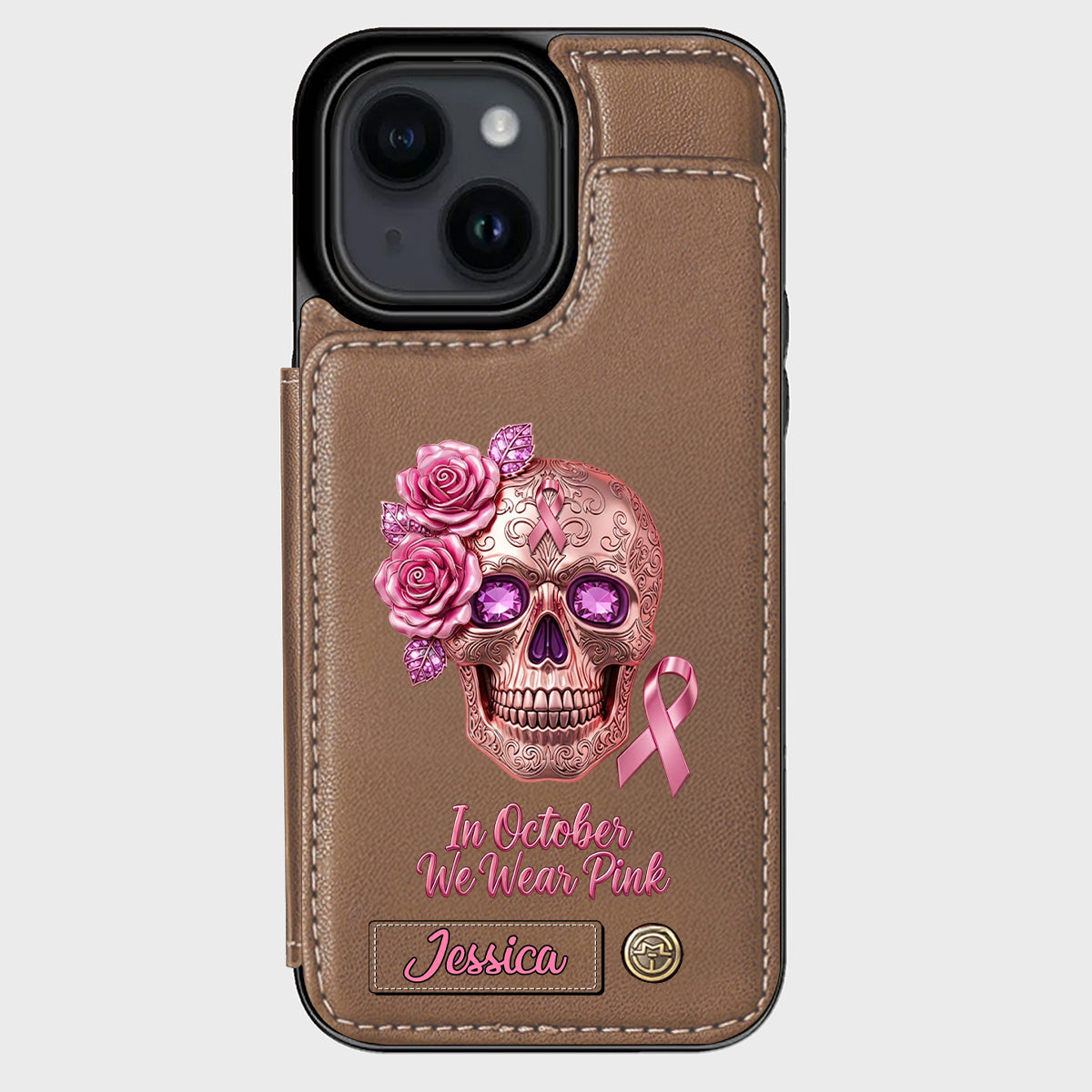 Skull And Ribbon - Personalized Breast Cancer Awareness Wallet Phone Case