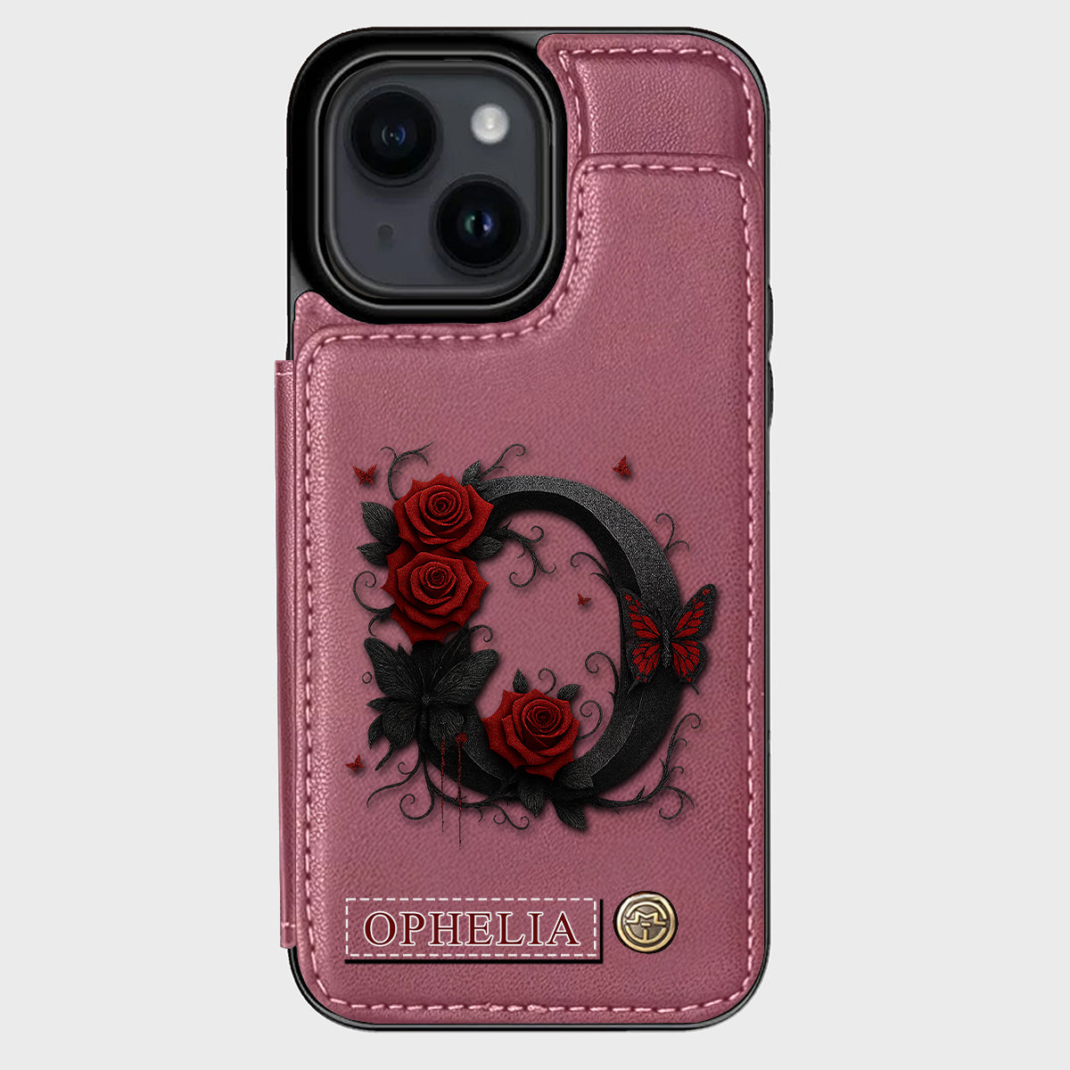Alphabet Red Rose And Butterflies - Personalized Luxury Wallet Phone Case