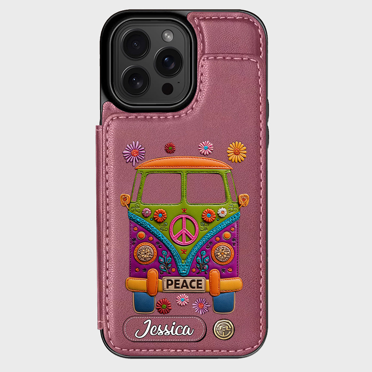 Peace Bus - Personalized Hippie Wallet Phone Case With Leather Charm