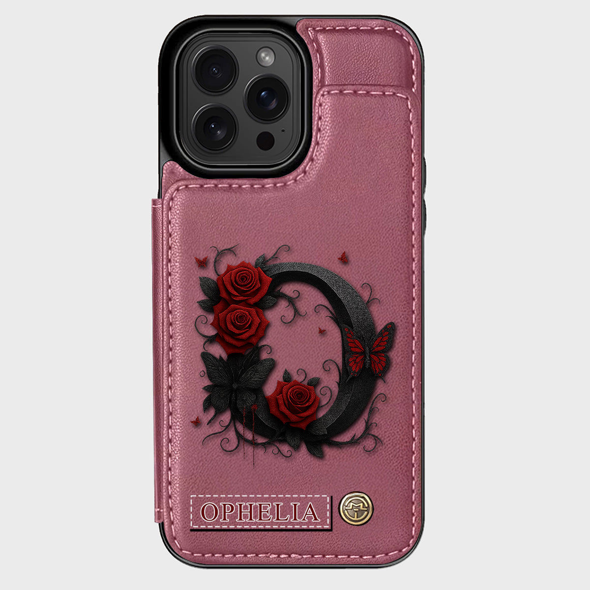 Alphabet Red Rose And Butterflies - Personalized Luxury Wallet Phone Case