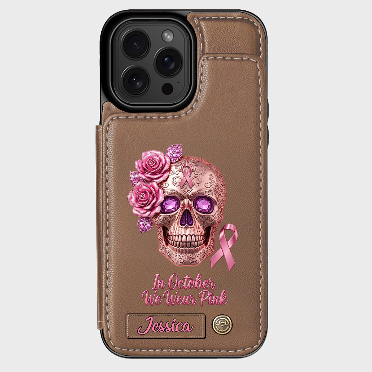 Skull And Ribbon - Personalized Breast Cancer Awareness Wallet Phone Case
