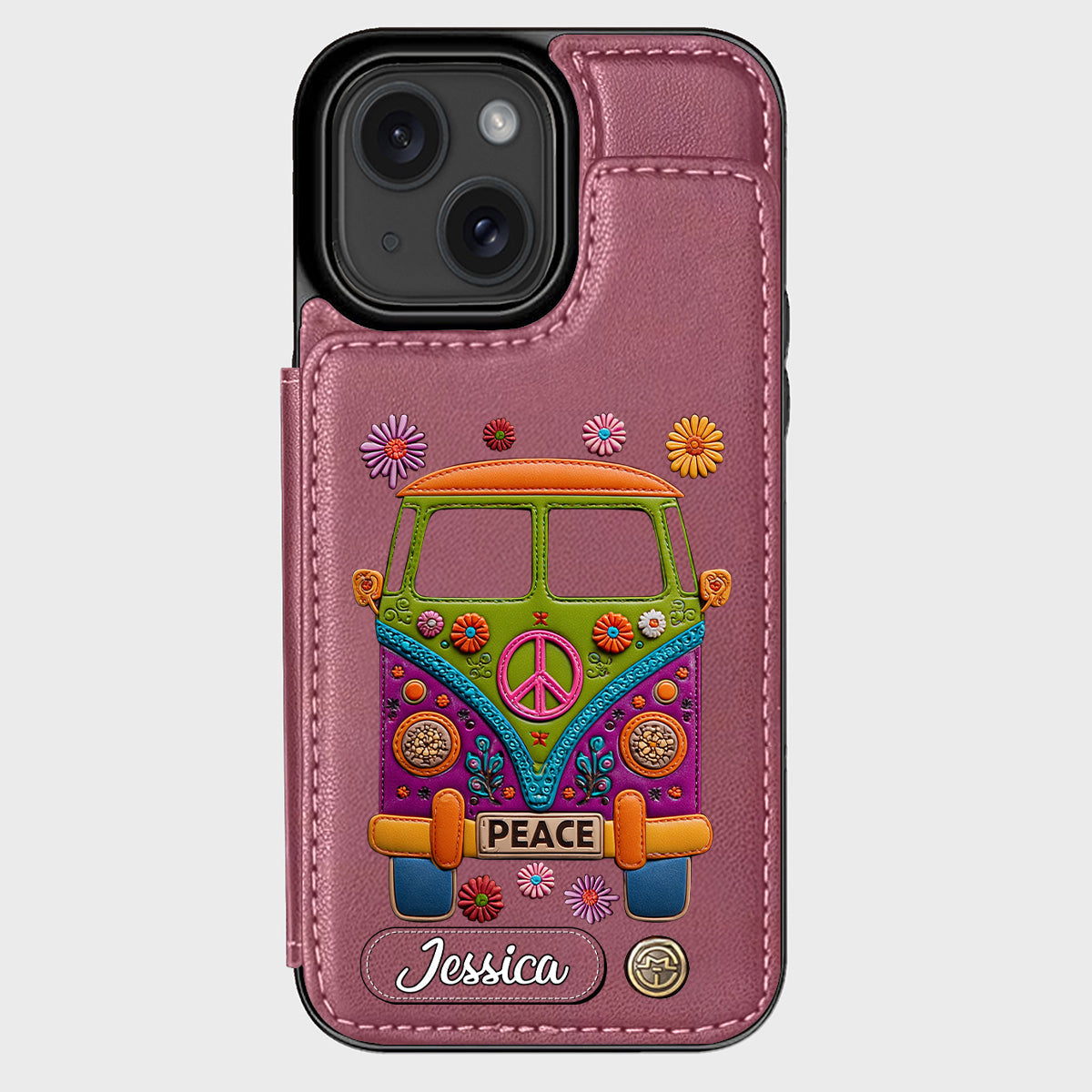 Peace Bus - Personalized Hippie Wallet Phone Case With Leather Charm