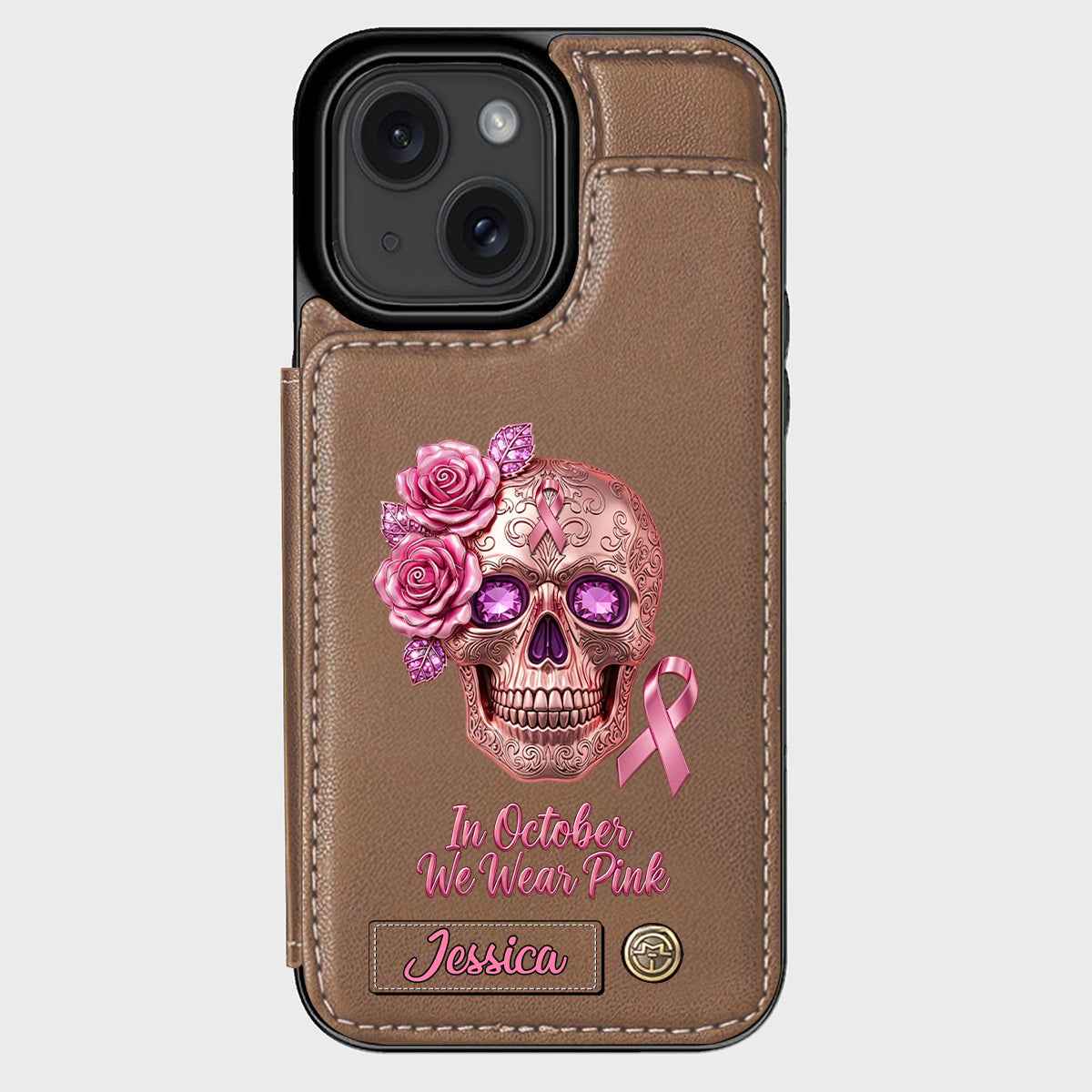 Skull And Ribbon - Personalized Breast Cancer Awareness Wallet Phone Case