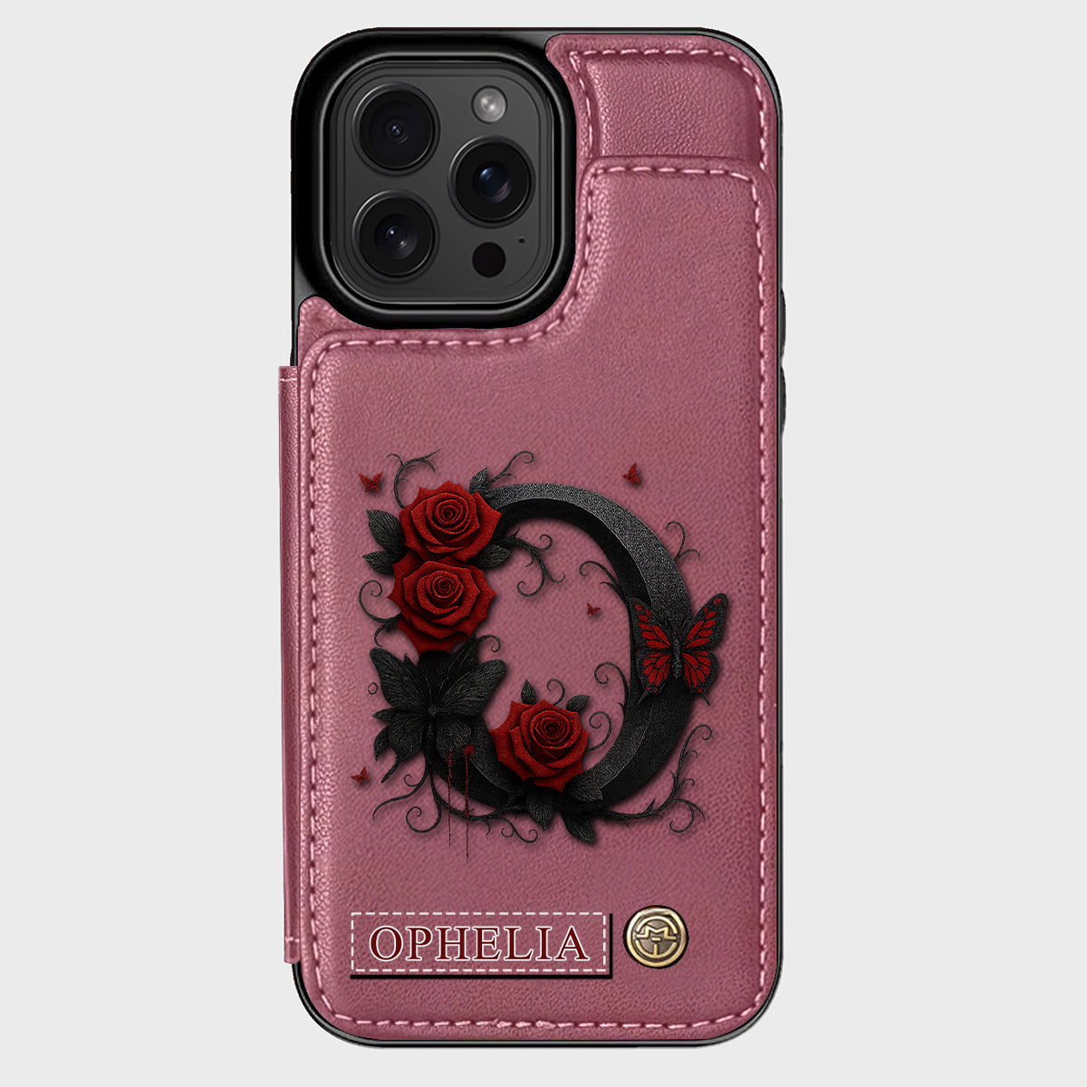 Alphabet Red Rose And Butterflies - Personalized Luxury Wallet Phone Case