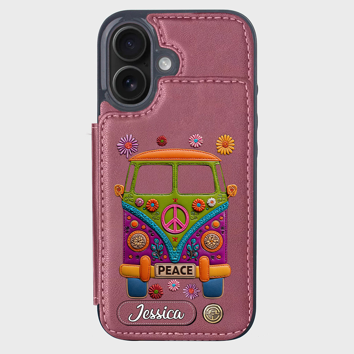 Peace Bus - Personalized Hippie Wallet Phone Case With Leather Charm