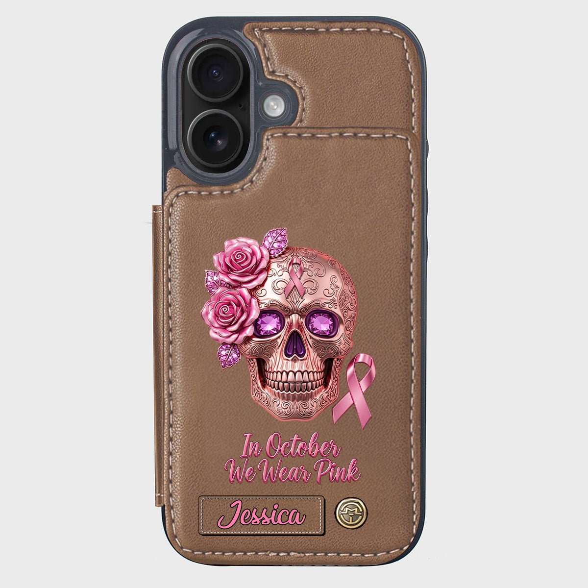 Skull And Ribbon - Personalized Breast Cancer Awareness Wallet Phone Case