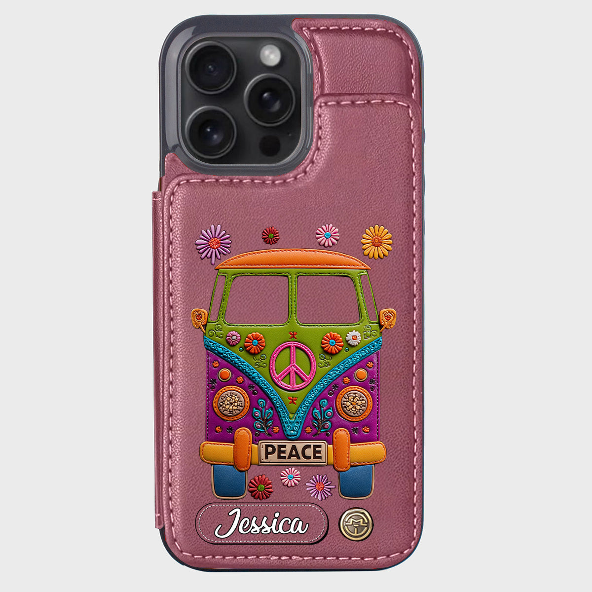 Peace Bus - Personalized Hippie Wallet Phone Case With Leather Charm