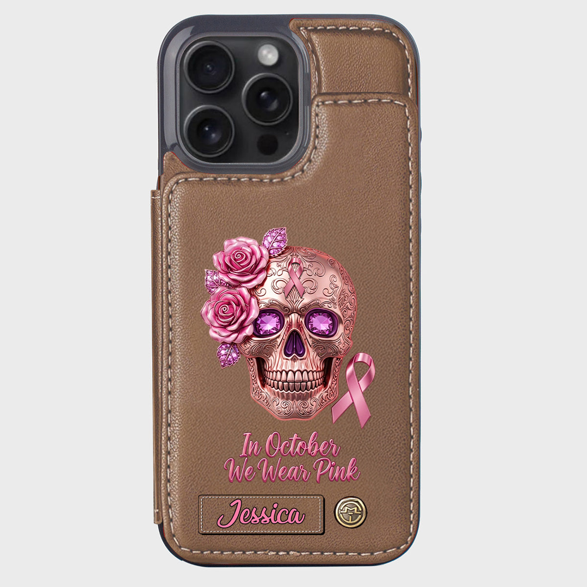 Skull And Ribbon - Personalized Breast Cancer Awareness Wallet Phone Case