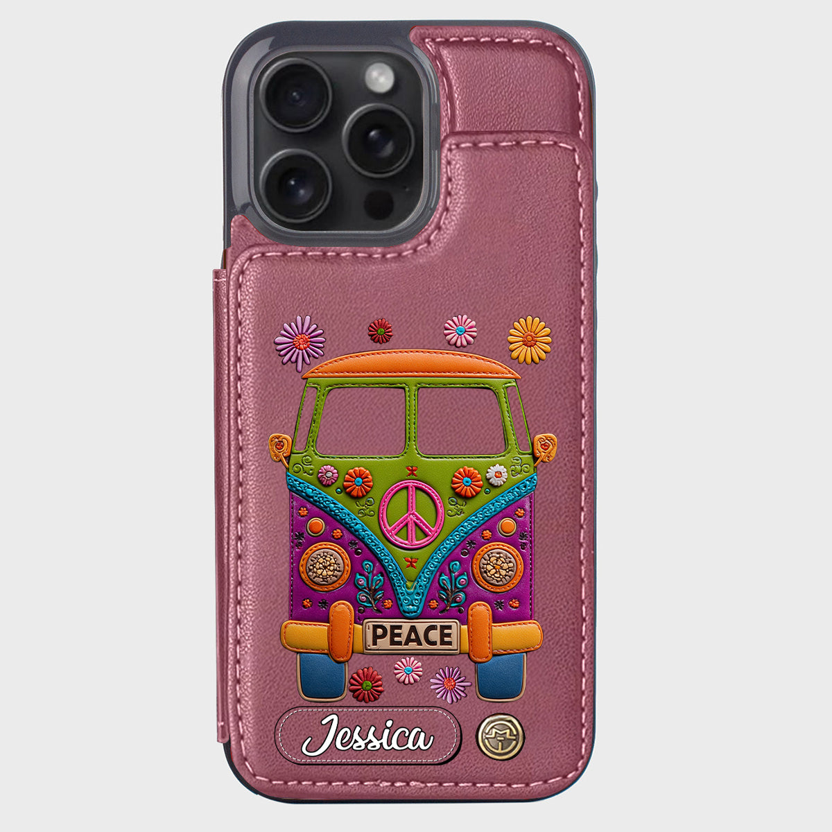 Peace Bus - Personalized Hippie Wallet Phone Case With Leather Charm