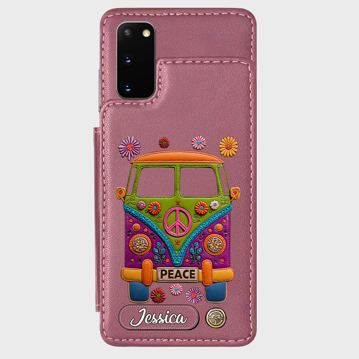 Peace Bus - Personalized Hippie Wallet Phone Case With Leather Charm
