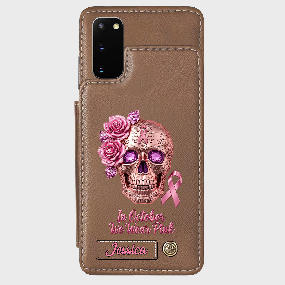 Skull And Ribbon - Personalized Breast Cancer Awareness Wallet Phone Case