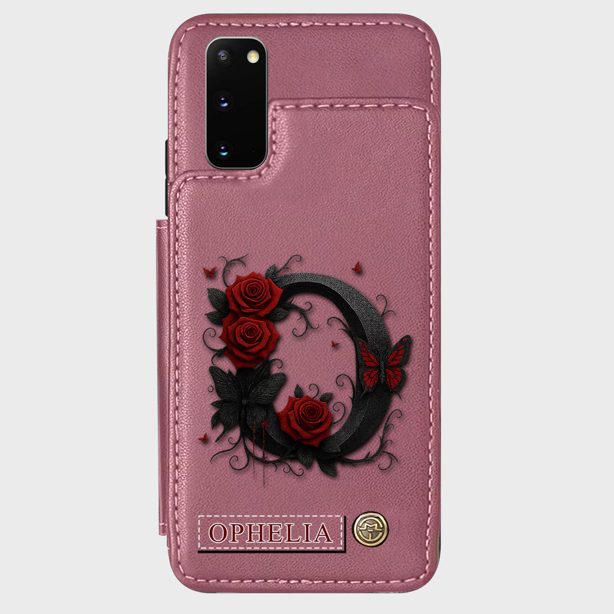 Alphabet Red Rose And Butterflies - Personalized Luxury Wallet Phone Case
