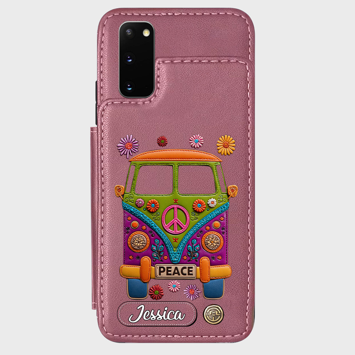 Peace Bus - Personalized Hippie Wallet Phone Case With Leather Charm