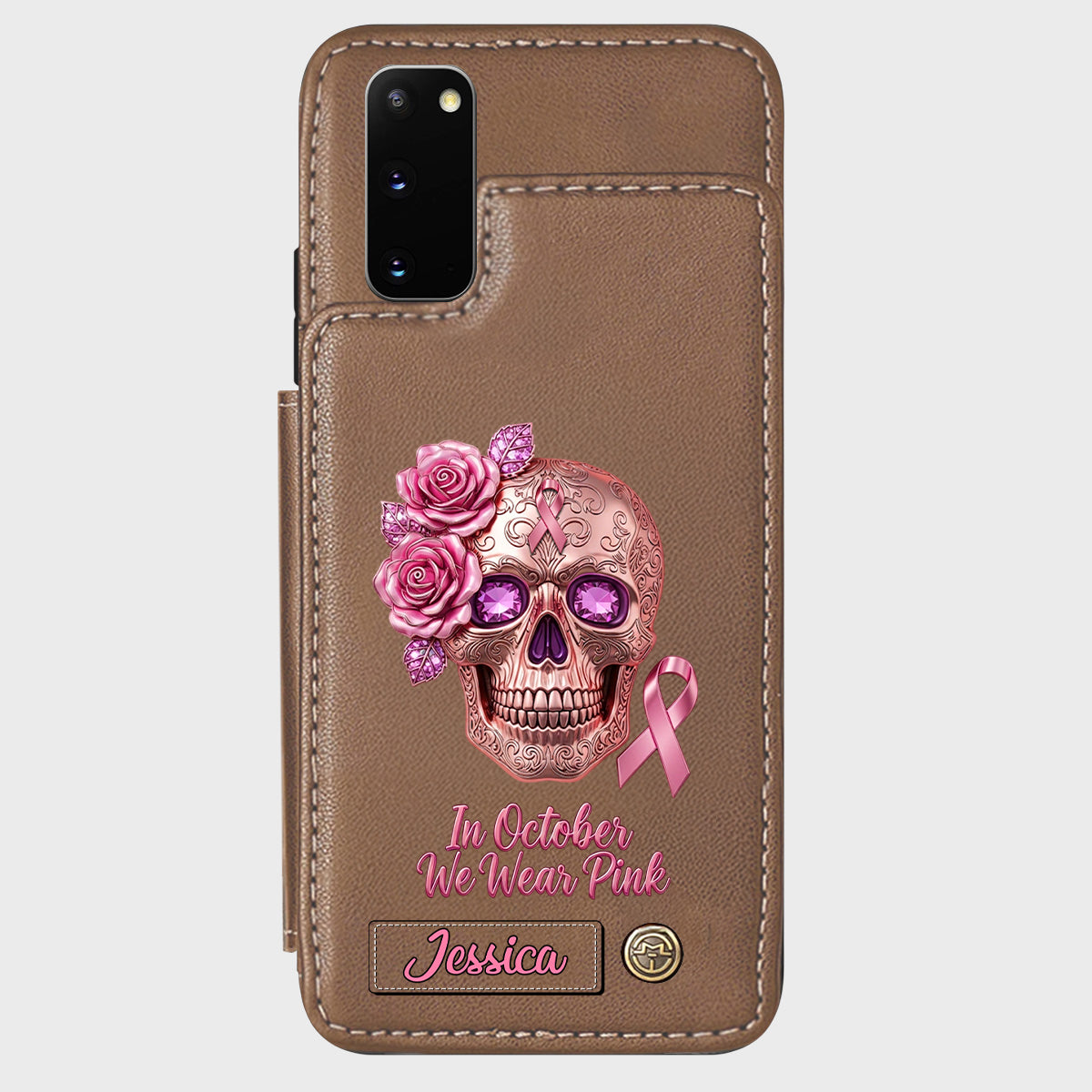 Skull And Ribbon - Personalized Breast Cancer Awareness Wallet Phone Case