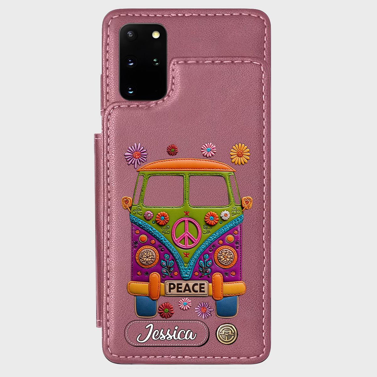 Peace Bus - Personalized Hippie Wallet Phone Case With Leather Charm