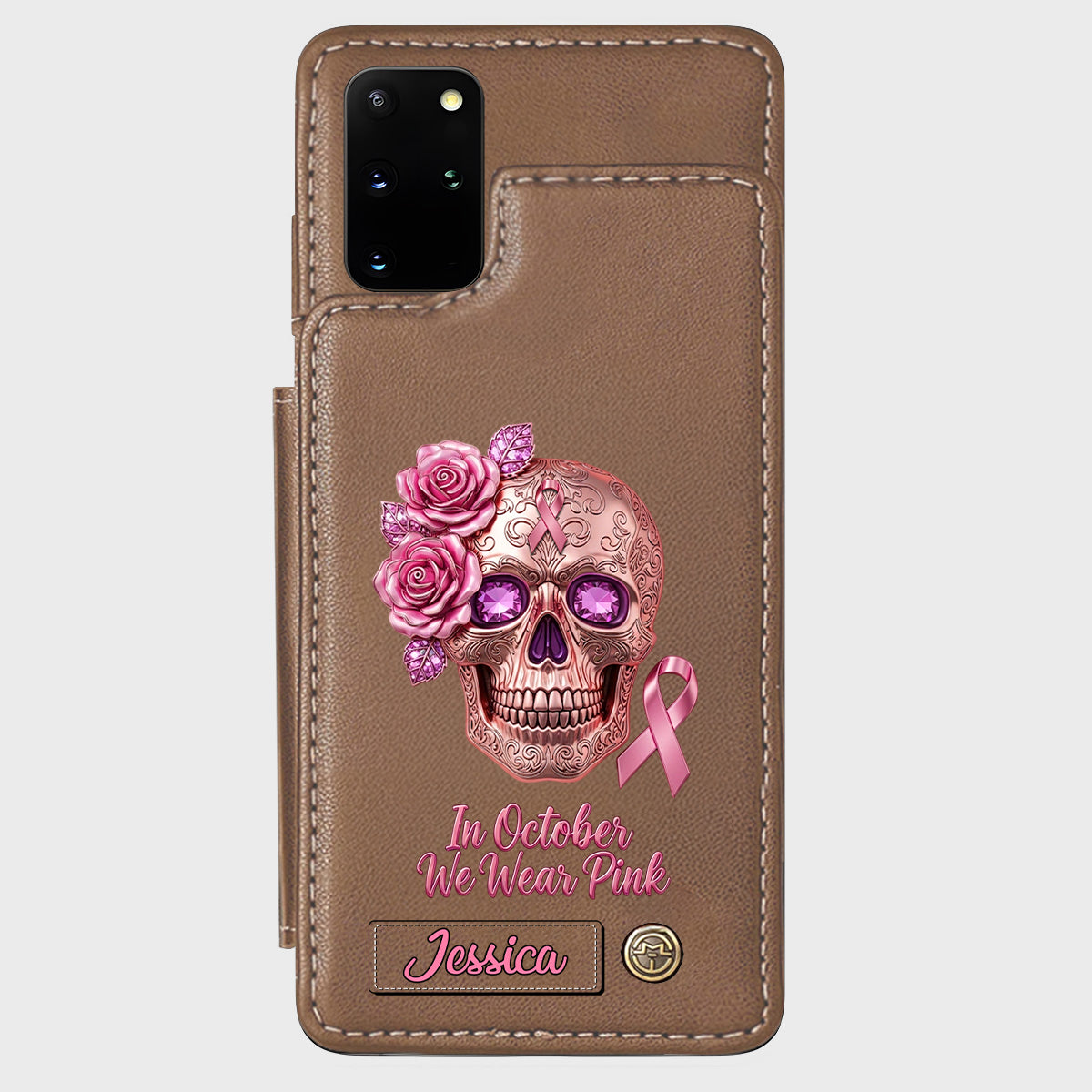 Skull And Ribbon - Personalized Breast Cancer Awareness Wallet Phone Case