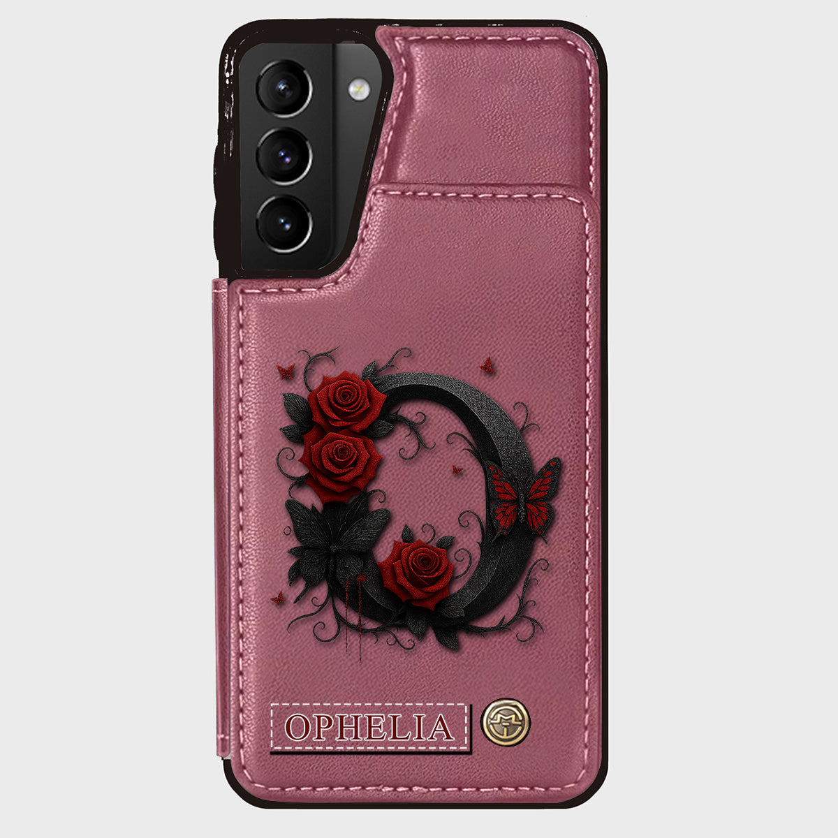 Alphabet Red Rose And Butterflies - Personalized Luxury Wallet Phone Case