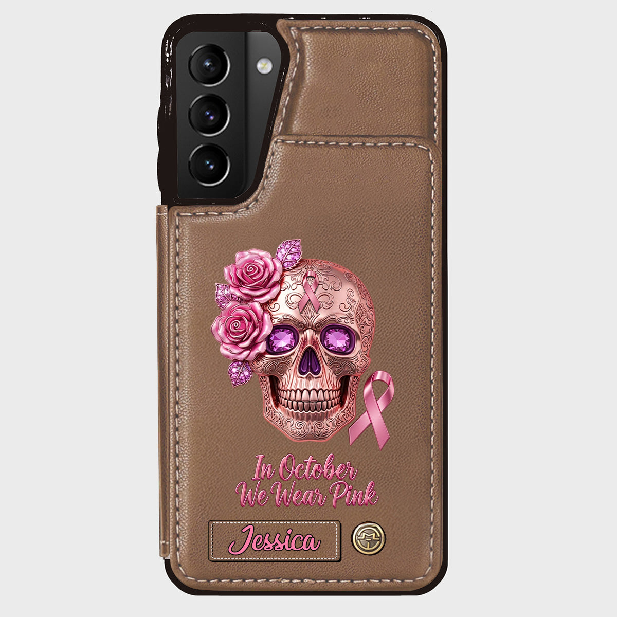 Skull And Ribbon - Personalized Breast Cancer Awareness Wallet Phone Case