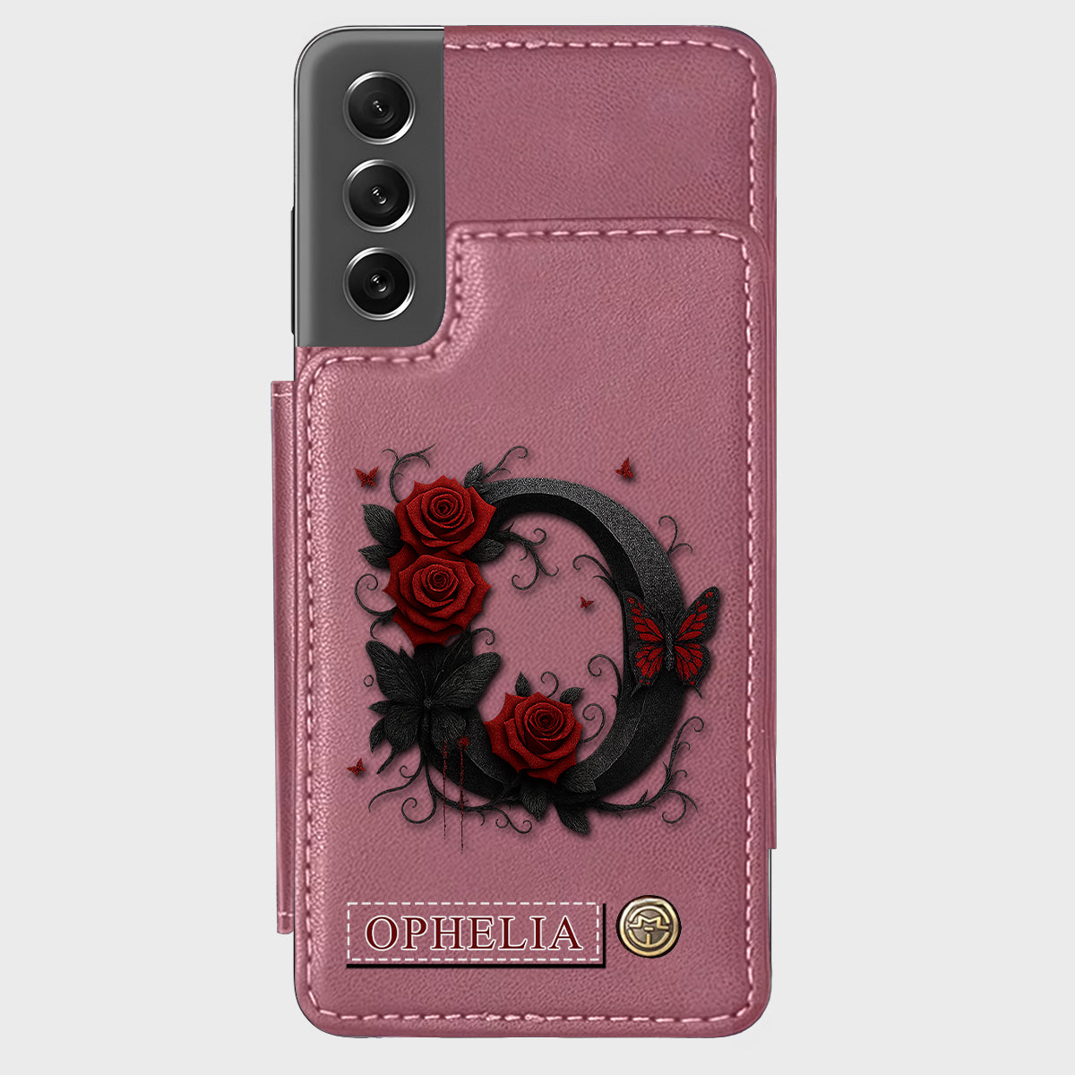 Alphabet Red Rose And Butterflies - Personalized Luxury Wallet Phone Case