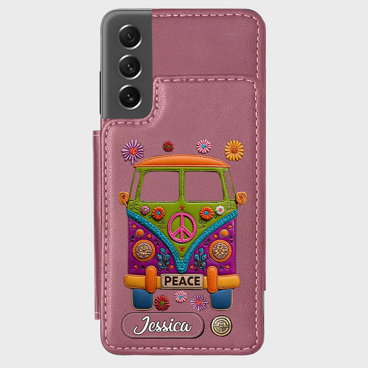 Peace Bus - Personalized Hippie Wallet Phone Case With Leather Charm