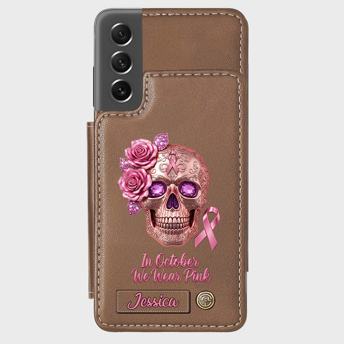 Skull And Ribbon - Personalized Breast Cancer Awareness Wallet Phone Case