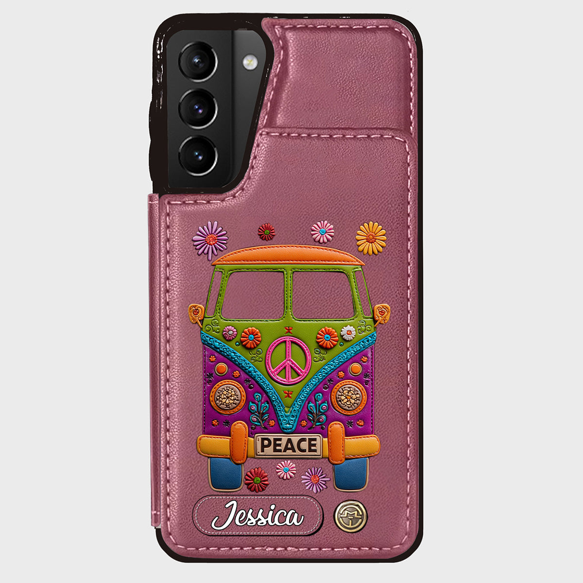 Peace Bus - Personalized Hippie Wallet Phone Case With Leather Charm