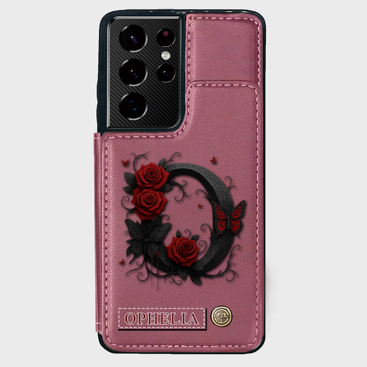 Alphabet Red Rose And Butterflies - Personalized Luxury Wallet Phone Case