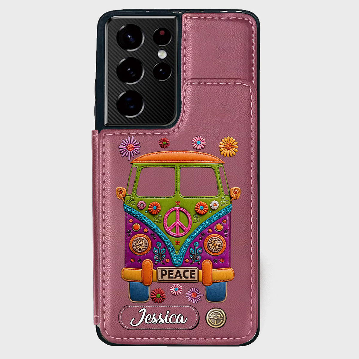Peace Bus - Personalized Hippie Wallet Phone Case With Leather Charm