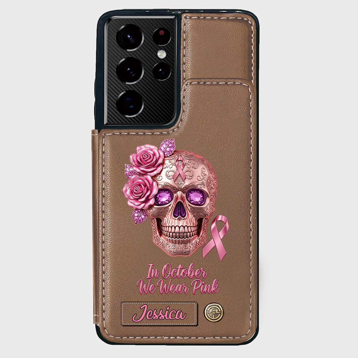 Skull And Ribbon - Personalized Breast Cancer Awareness Wallet Phone Case