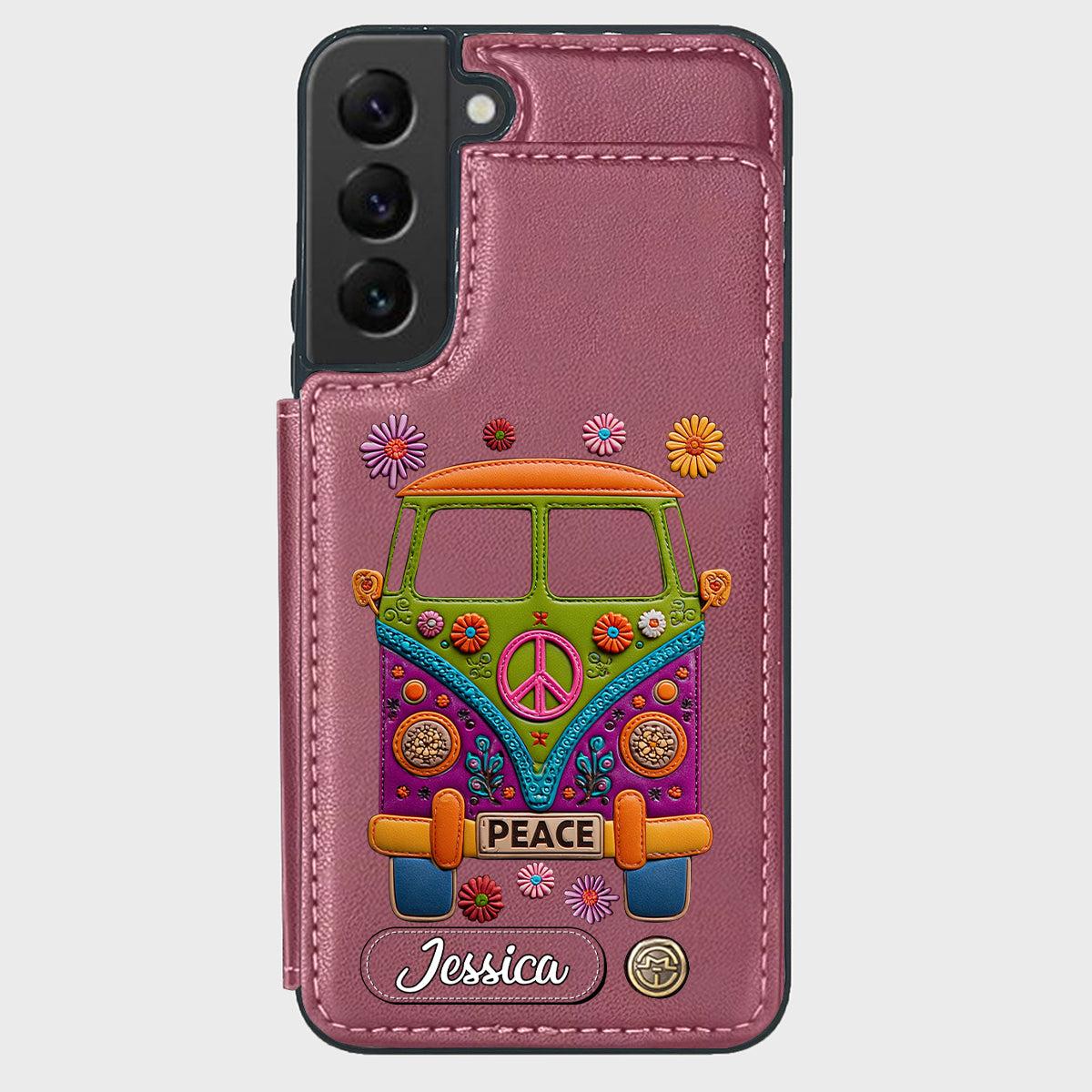 Peace Bus - Personalized Hippie Wallet Phone Case With Leather Charm