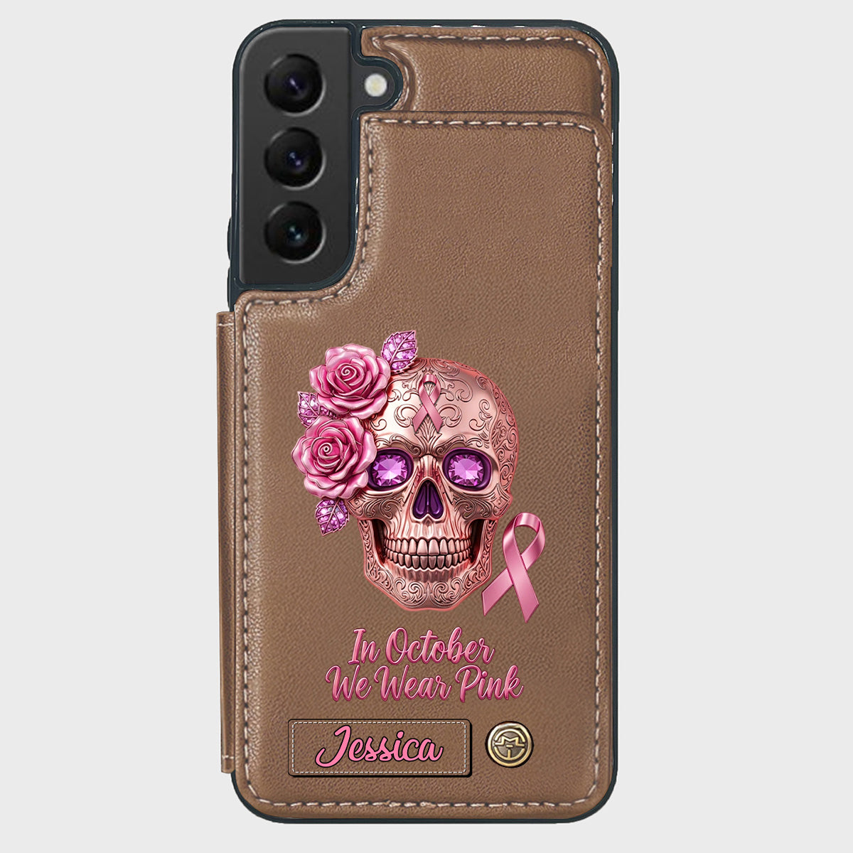 Skull And Ribbon - Personalized Breast Cancer Awareness Wallet Phone Case
