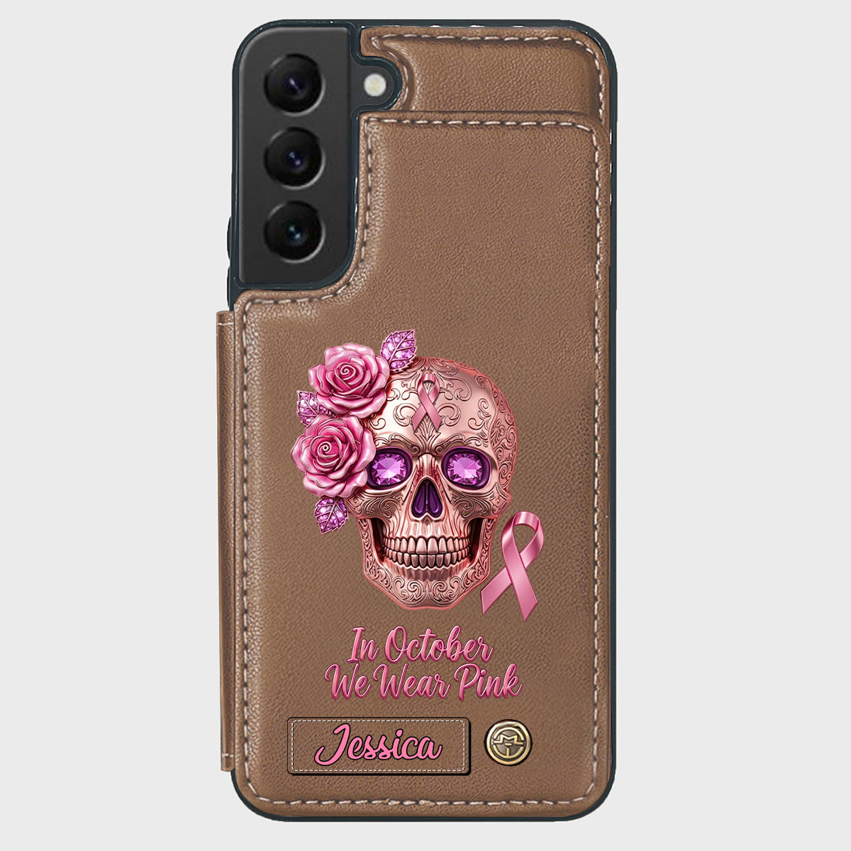 Skull And Ribbon - Personalized Breast Cancer Awareness Wallet Phone Case