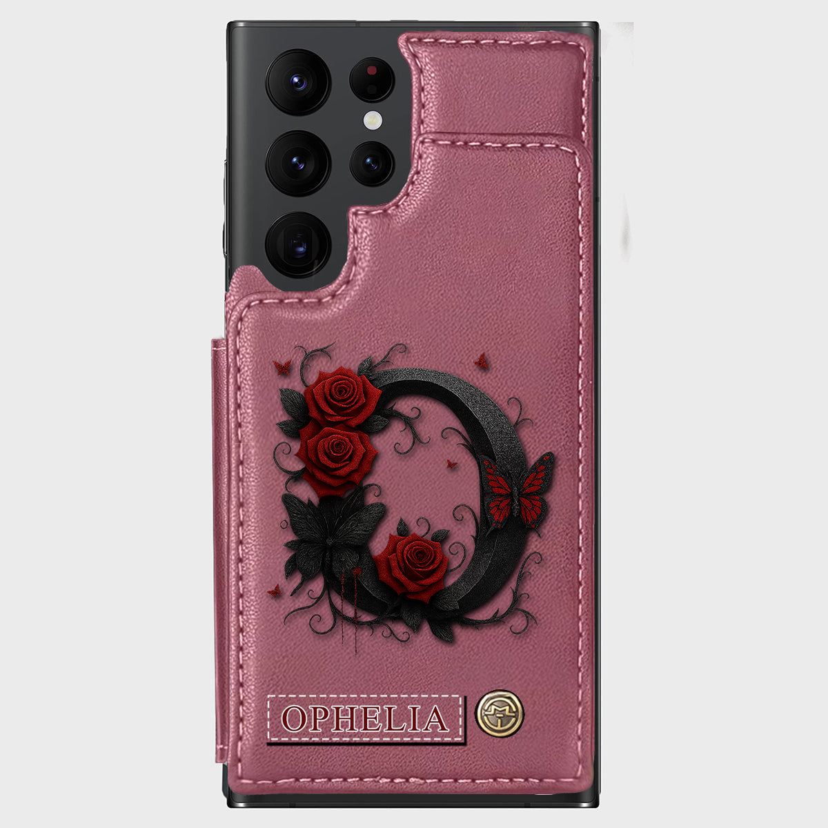 Alphabet Red Rose And Butterflies - Personalized Luxury Wallet Phone Case