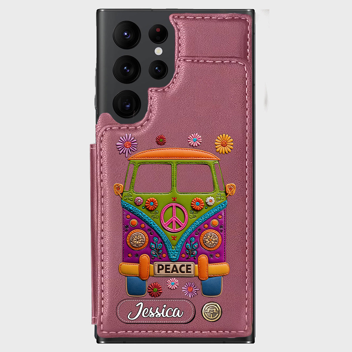 Peace Bus - Personalized Hippie Wallet Phone Case With Leather Charm