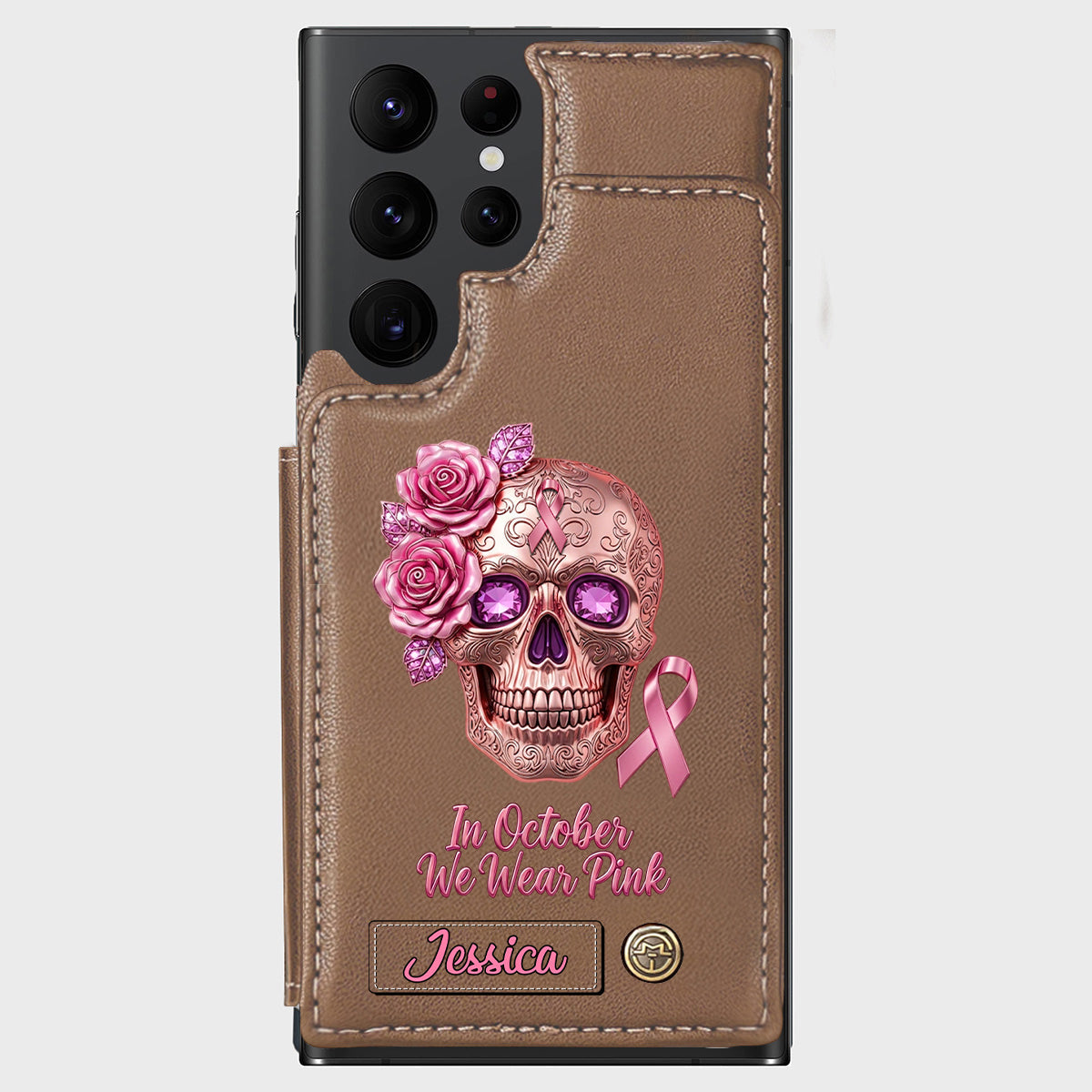 Skull And Ribbon - Personalized Breast Cancer Awareness Wallet Phone Case