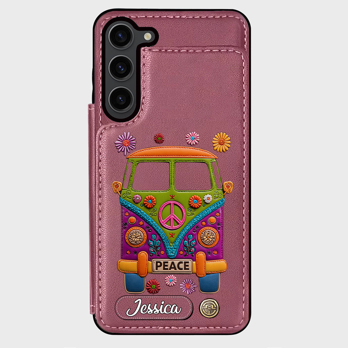 Peace Bus - Personalized Hippie Wallet Phone Case With Leather Charm