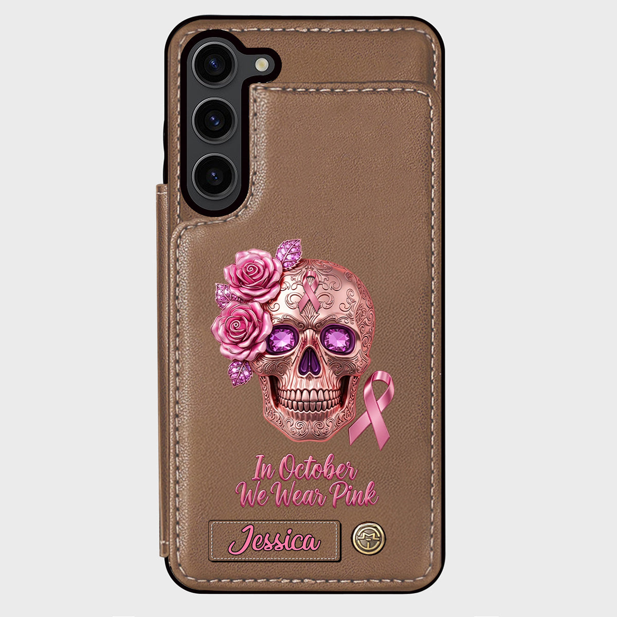 Skull And Ribbon - Personalized Breast Cancer Awareness Wallet Phone Case
