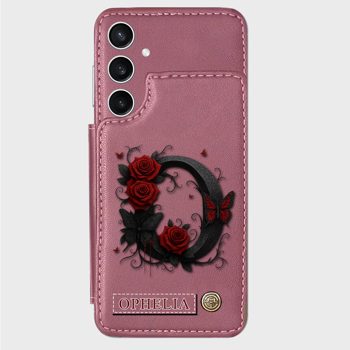 Alphabet Red Rose And Butterflies - Personalized Luxury Wallet Phone Case