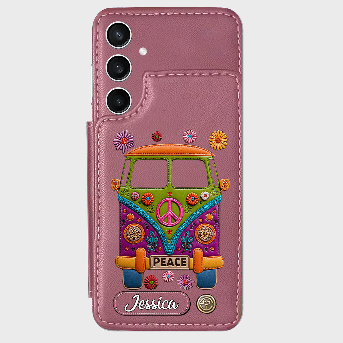 Peace Bus - Personalized Hippie Wallet Phone Case With Leather Charm