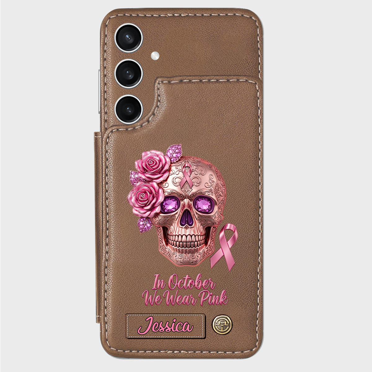 Skull And Ribbon - Personalized Breast Cancer Awareness Wallet Phone Case