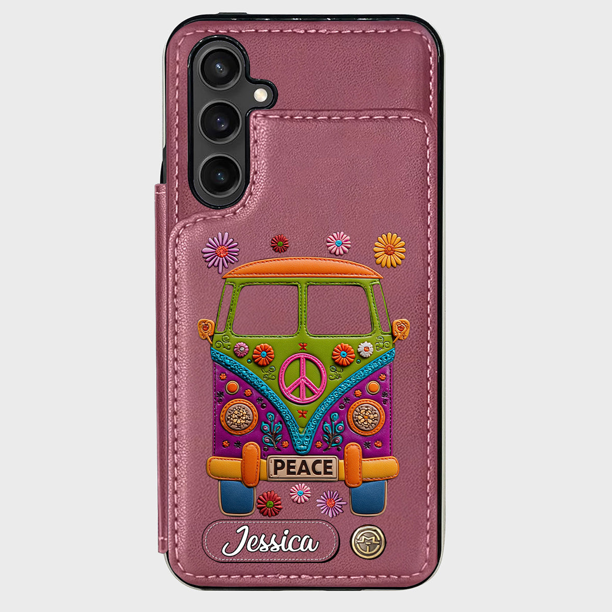 Peace Bus - Personalized Hippie Wallet Phone Case With Leather Charm
