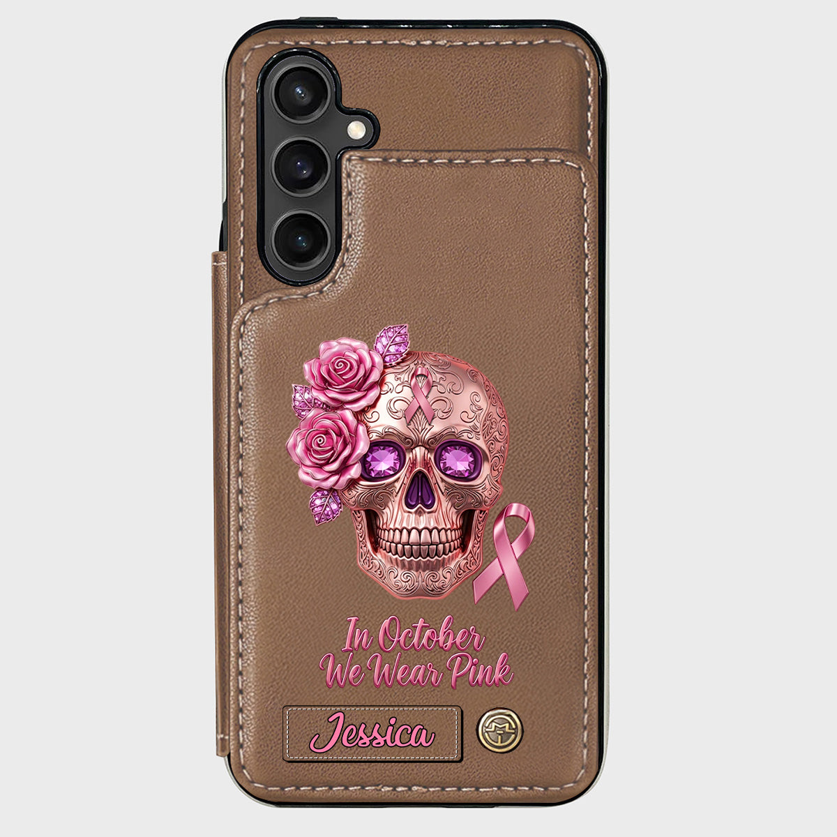 Skull And Ribbon - Personalized Breast Cancer Awareness Wallet Phone Case