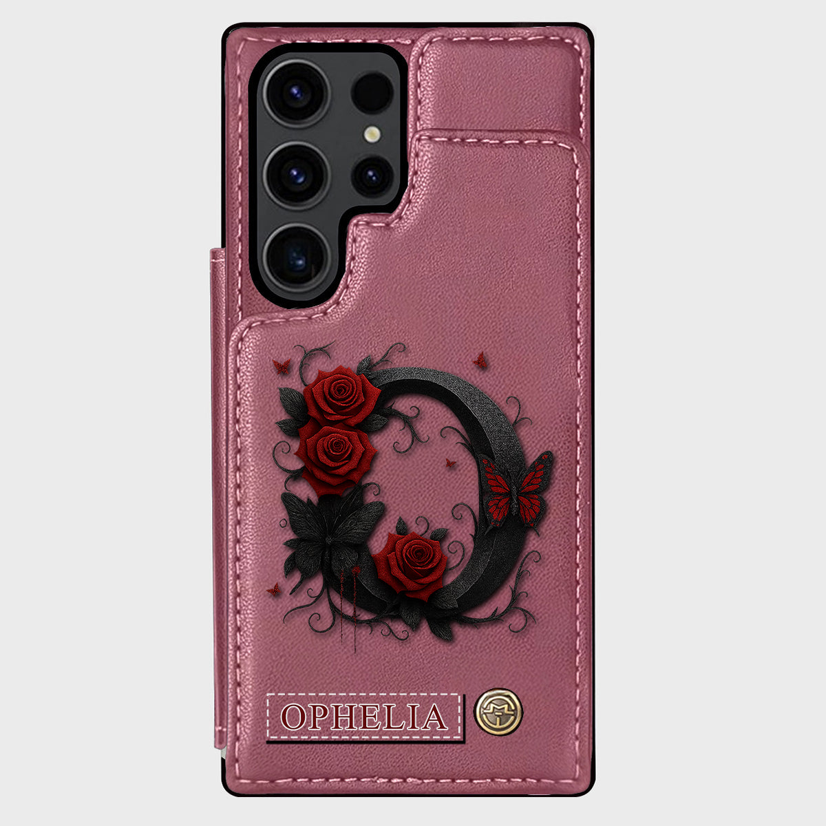 Alphabet Red Rose And Butterflies - Personalized Luxury Wallet Phone Case